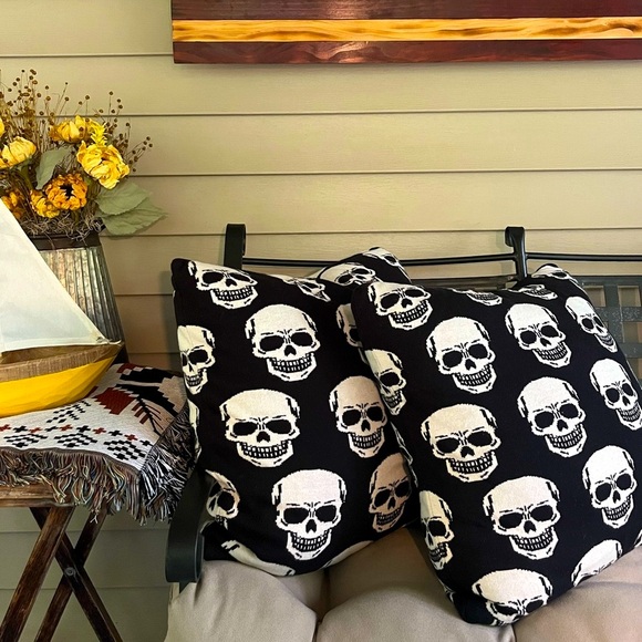 2 Mortar And Bone Throw Pillows Skulls Halloween 20"×20" soft knit Goth - Picture 1 of 5